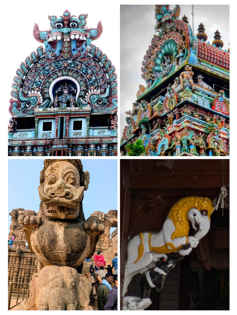 Hybrid animal carvings like Vyali and Bhairavan that act as protectors around temple walls.