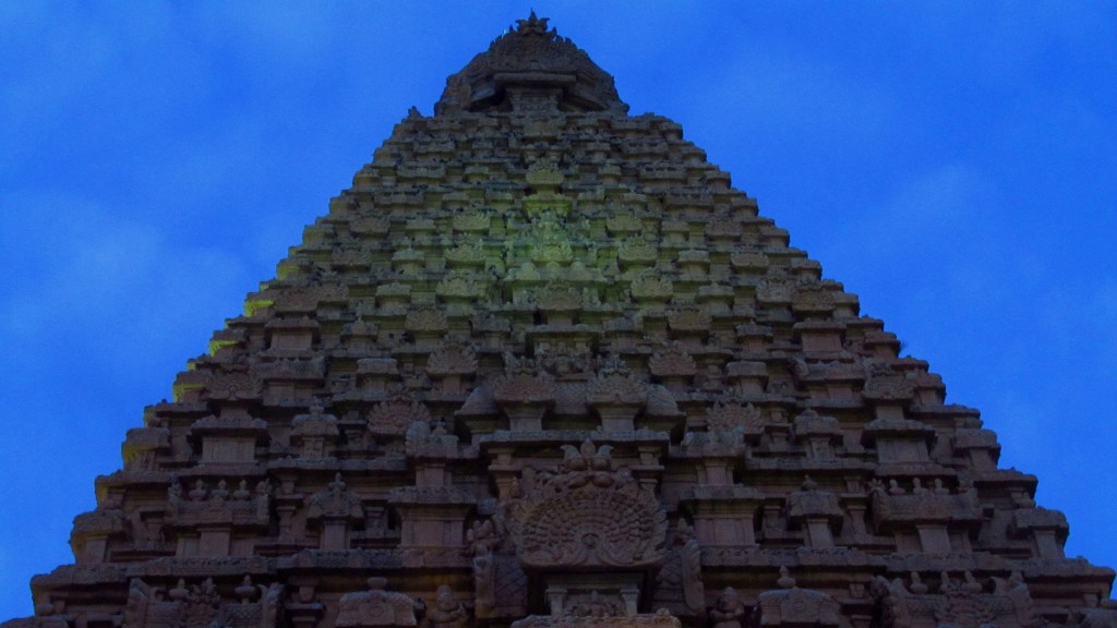 The massive granite Vimana of the Brihadisvara Temple, showcasing Dravidian scale.