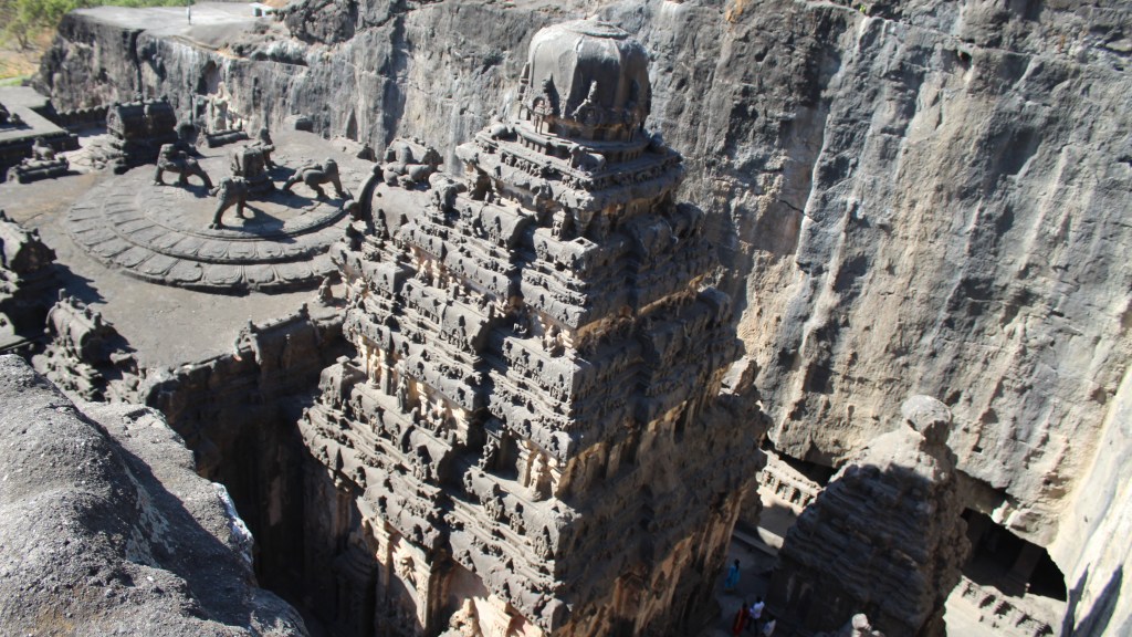 The monolithic Kailasa temple at Ellora, carved vertically out of a single rock face.