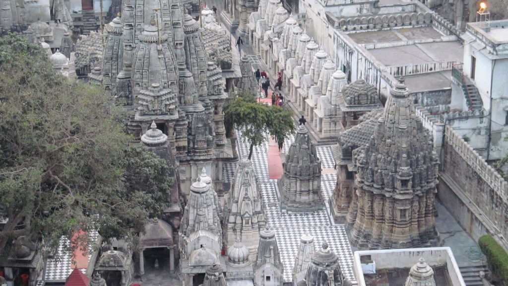The complex spire and stone carvings of the Eklingji Temple in Rajasthan.
