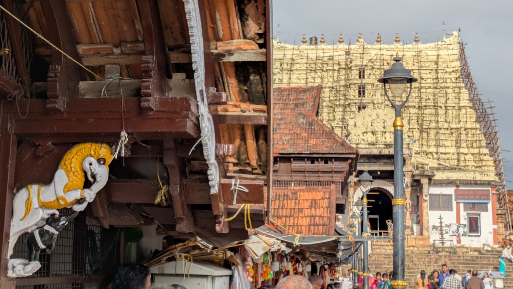 A picture to show kerala wooden art and tamil nadu style stone art in a frame, from the padmanabhaswami temple, trivandrum