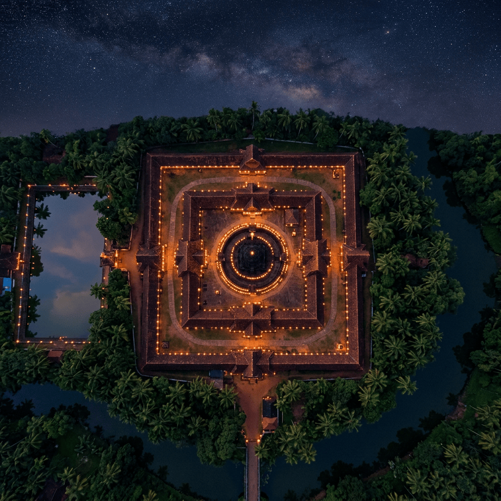 Aerial view of an illuminated temple complex surrounded by tropical forest at night
